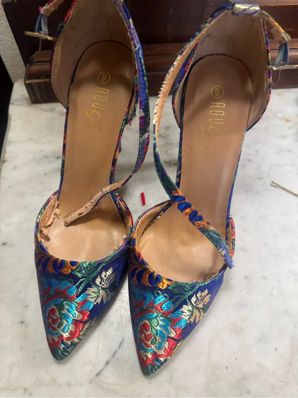 Women’s Blue Floral Ankle-Strap Pointed-Toe Heels